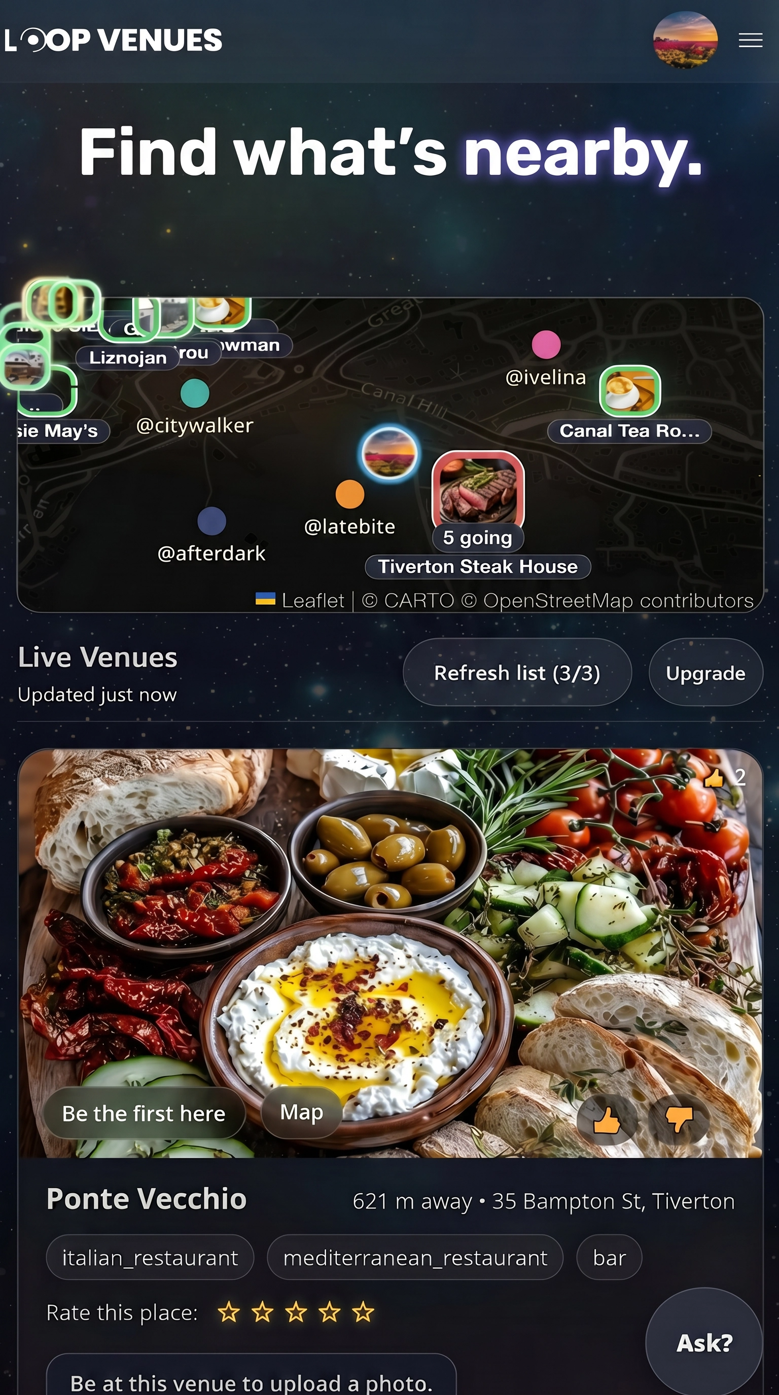 Loop Venues nearby map and live venues screen