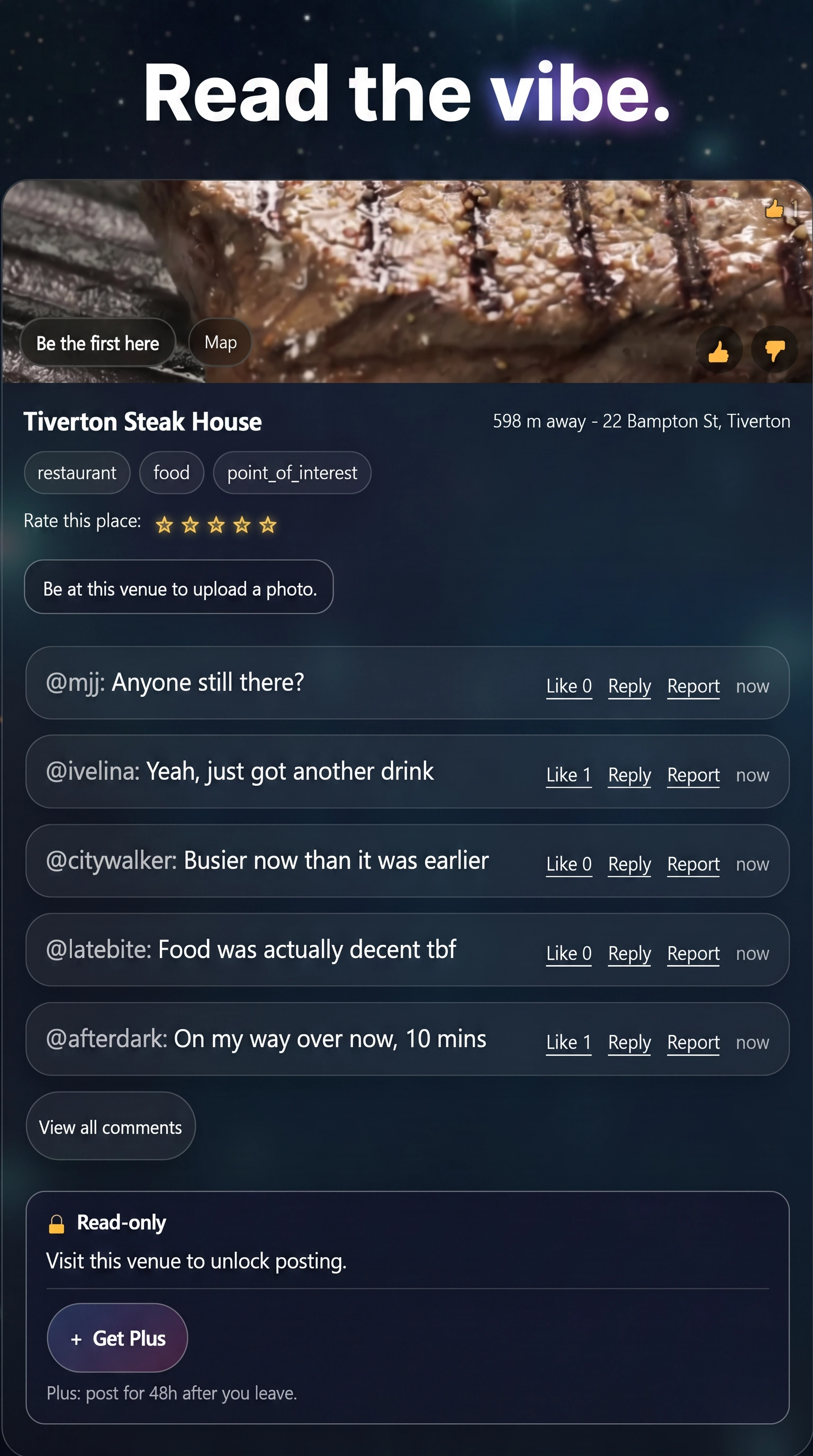 Loop Venues venue details and local comments screen